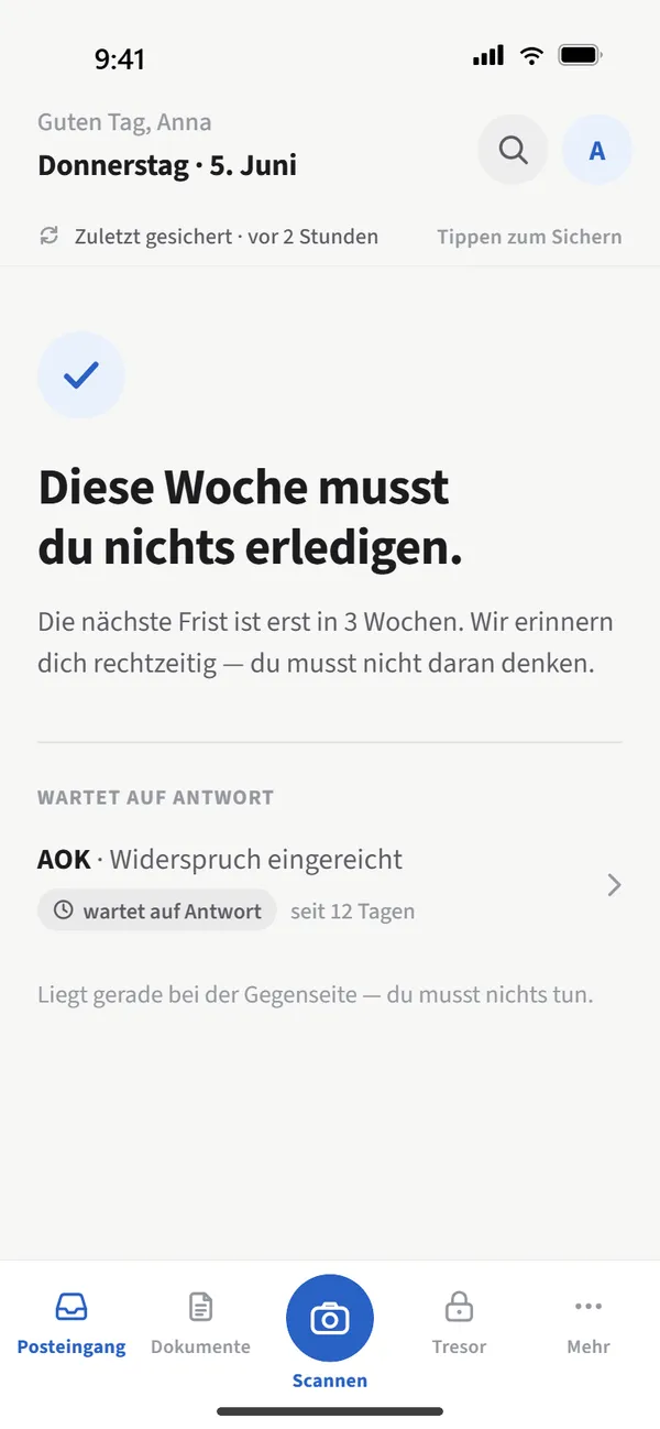 Postruhe Startbildschirm: Diese Woche musst du nichts erledigen.