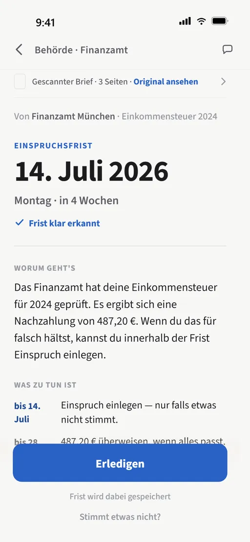 Postruhe zeigt Absender, Thema, Frist und was zu tun ist