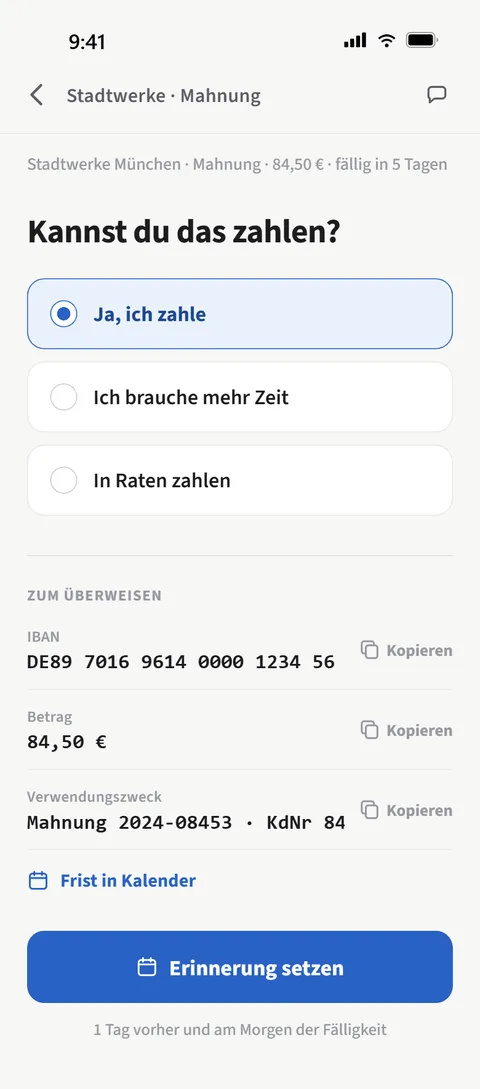 Postruhe zeigt IBAN, Betrag und Verwendungszweck zum Kopieren.