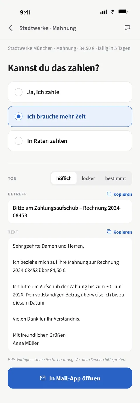 Postruhe formuliert eine höfliche Bitte um Zahlungsaufschub.
