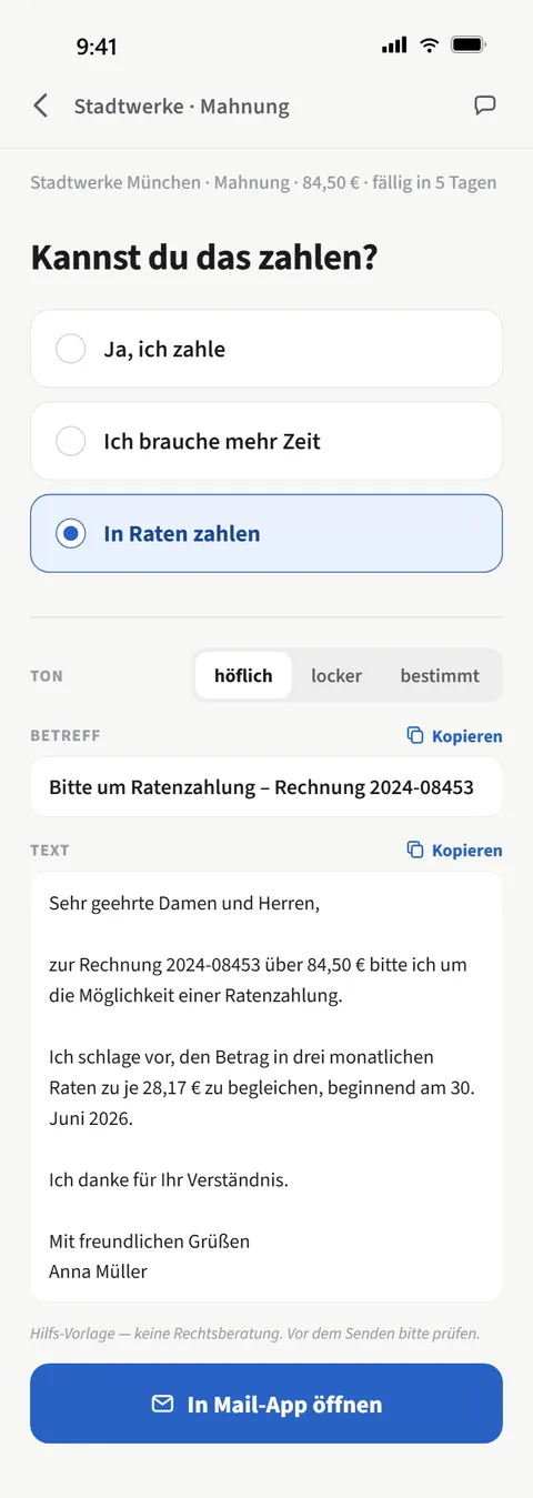 Postruhe erstellt einen Vorschlag für Ratenzahlung.