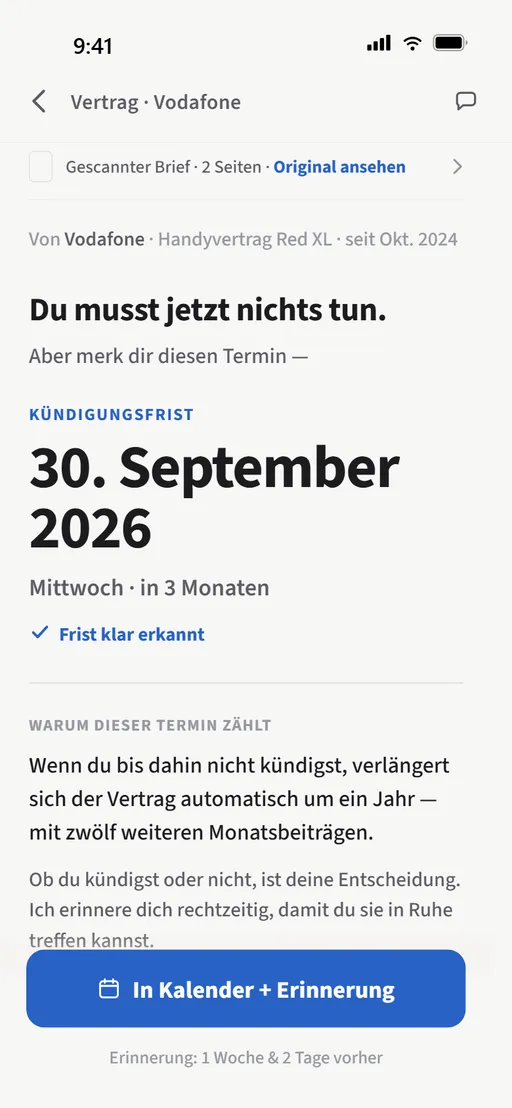 Postruhe legt die Frist in den Kalender und erinnert rechtzeitig