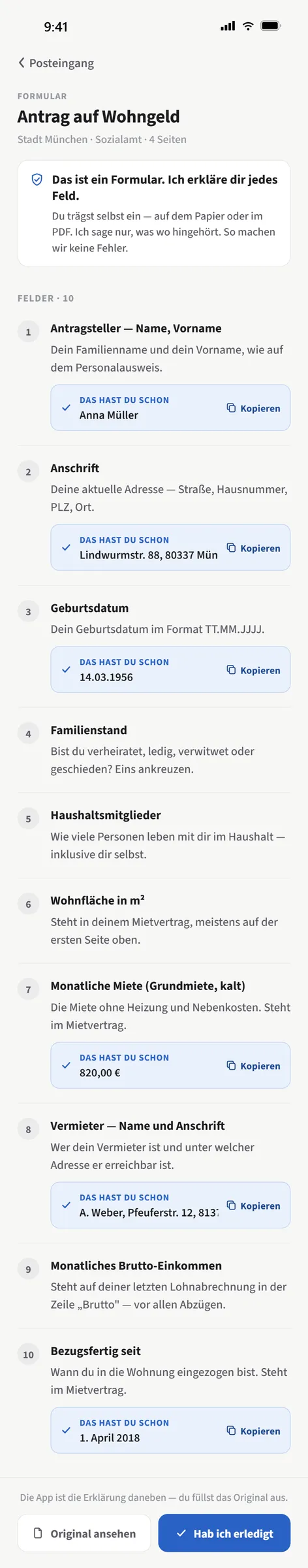 Postruhe erklärt jedes Feld eines Wohngeld-Antrags in einfacher Sprache.