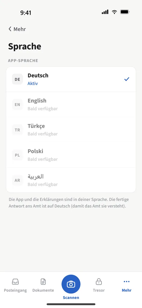 Postruhe Spracheinstellungen mit mehreren Sprachen.